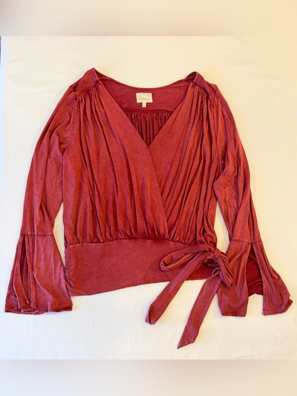 Deletta from Anthropologie Faux Wrap Long Bell Sleeve Top in Cranberry Size L